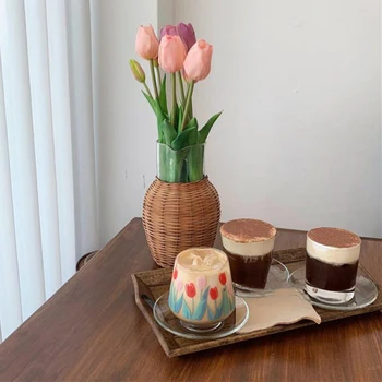 

Korean Print Tulip Glass Hand-painted Flower Cup Milk Cup