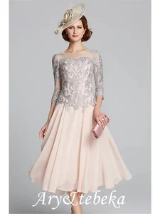 A-Line Mother of the Bride Dress Plus Size Sexy Jewel Neck Tea Length Chiffon Lace 3/4 Length Sleeve with Beading 2021