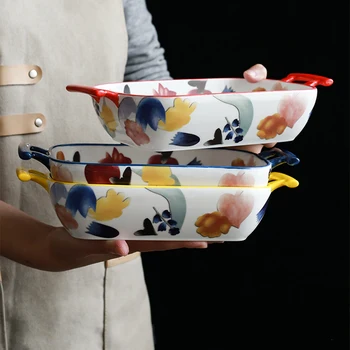 

Japanese-style Art Ceramic Binaural Baking Tray Microwave Oven Dedicated Home Kitchen Baking Cheese Plate Western Food Tableware