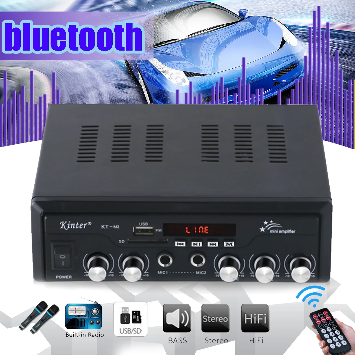 

HIFI 2CH bluetooth Audio Power Amplifier Stereo Music Theater Amplifiers System for Car Home SD FM Radio W/Remote control US/EU