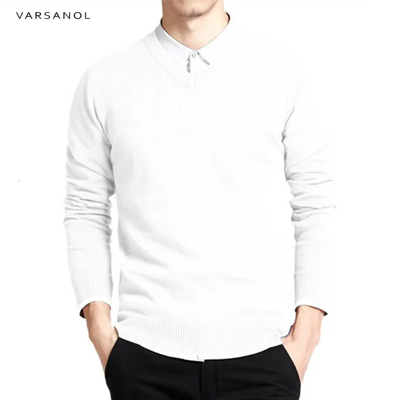 Хлопковый свитер с v-образным вырезом, мужские пуловеры с длинным рукавом, верхняя одежда, мужские свитера, пуловеры, топы, свободная Однотонная вязанная одежда, 8 видов цветов 3XL - Цвет: white