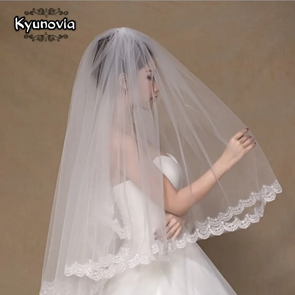 Kyunovia 2 слоя Фата красивые белые собор короткие свадебная фата с кружевным краем