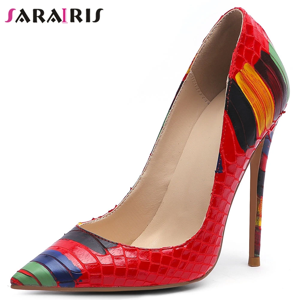 

SARAIRIS New Ladies Super High Heels Pumps Fashion Party mixed-color Pumps Women Cool Graffi Pointed Toe Shoes Woman