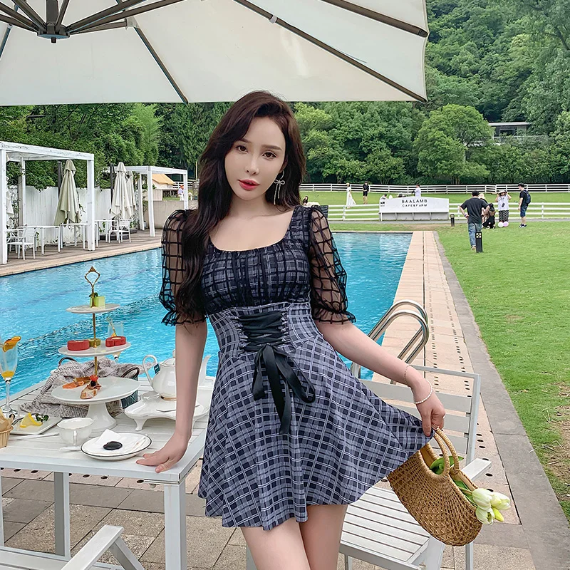 

One-piece Swimsuit Short-sleeved Houndstooth High-waisted Skirt with Naked Back
