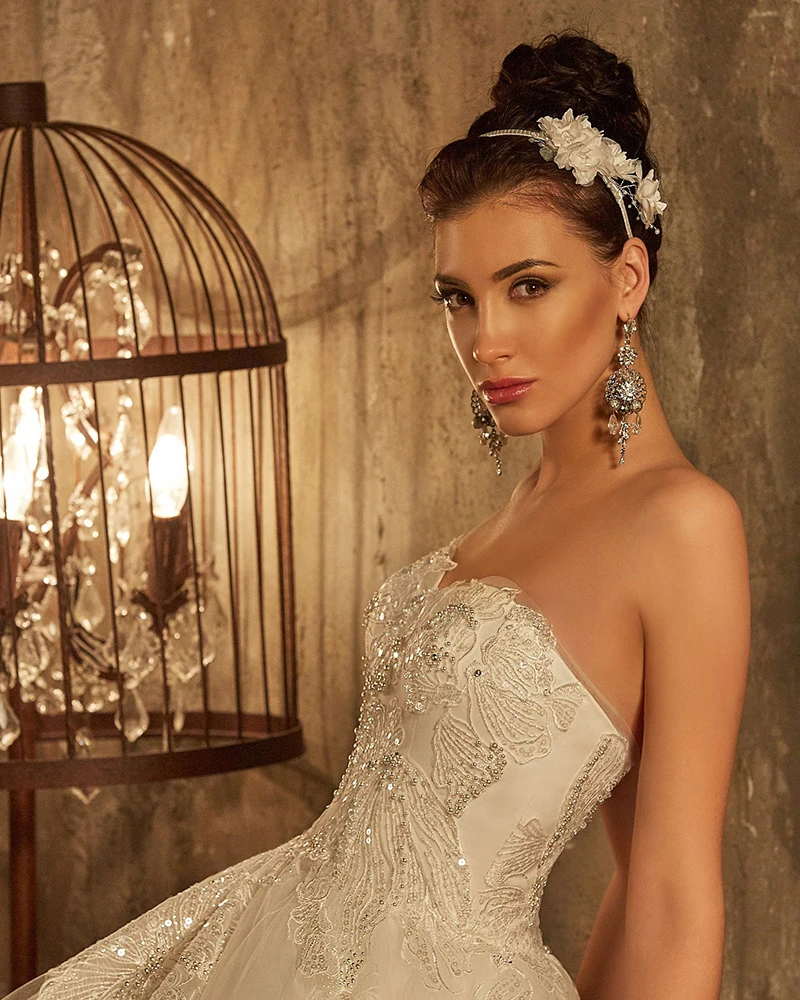 На заказ Принцесса А-силуэт свадебное платье Vestido Casamento Блестящий бисер Кристалл Блестящий Кружевной Тюль Свадебные платья Trouwjurken
