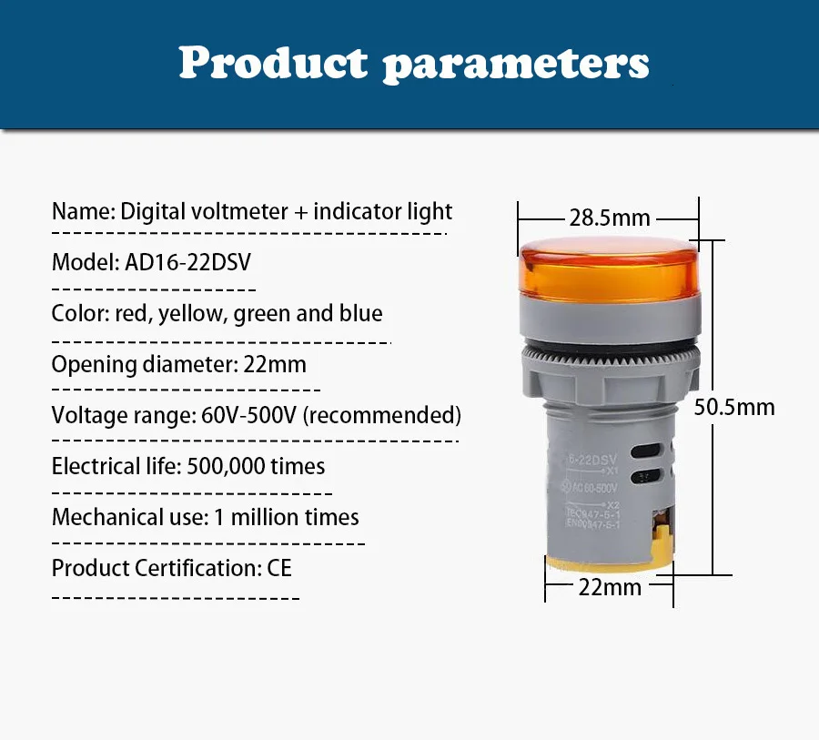 Светодиодный индикатор с цифровым дисплеем, вольтметр, индикатор, светильник 22 мм, сигнальная лампа, лодочный светильник s, навигационный тестер переменного тока 1 В-500 в