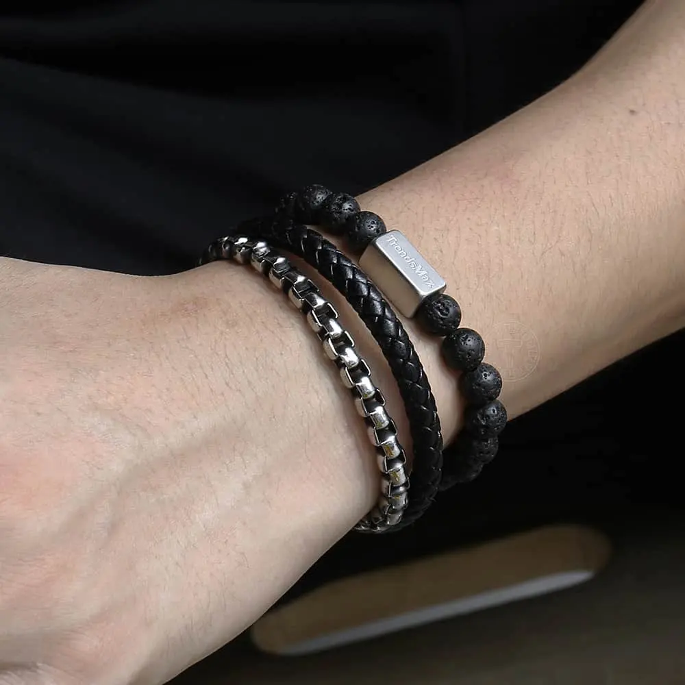 

Mix 3Pcs/ Set Men's Layered Bracelet Lava Stones Beaded Bracelet Stainless Steel Box Link Chain For Men Jewelry Pulseira TBX011