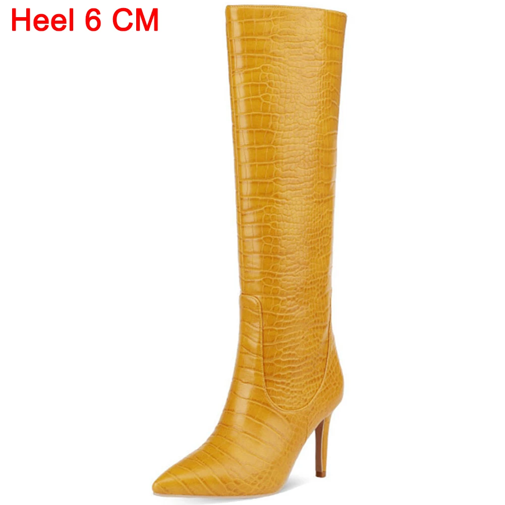 New Fashion Sexy Luxury Crocodile Pattern Knee High Heels Women's Boots Banquet Party Wedding Stiletto Mid Calf Boots Woman 