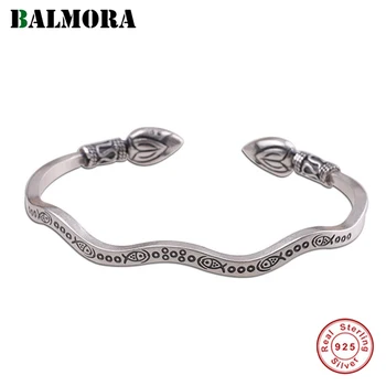 

BALMORA Real 990 Pure Silver Simple Lotus&Fish Open Bangle for Women Men Couple Anniversary Gift Vintage Fashion Jewelry Pulsera