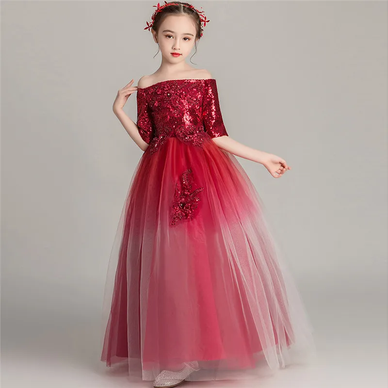 winered long dress От 3 до 14 лет; детское роскошное платье принцессы с фатиновой юбкой без рукавов с воротником для вечеринки, праздника, церемонии; Детские костюмы; платья - Цвет: winered long dress