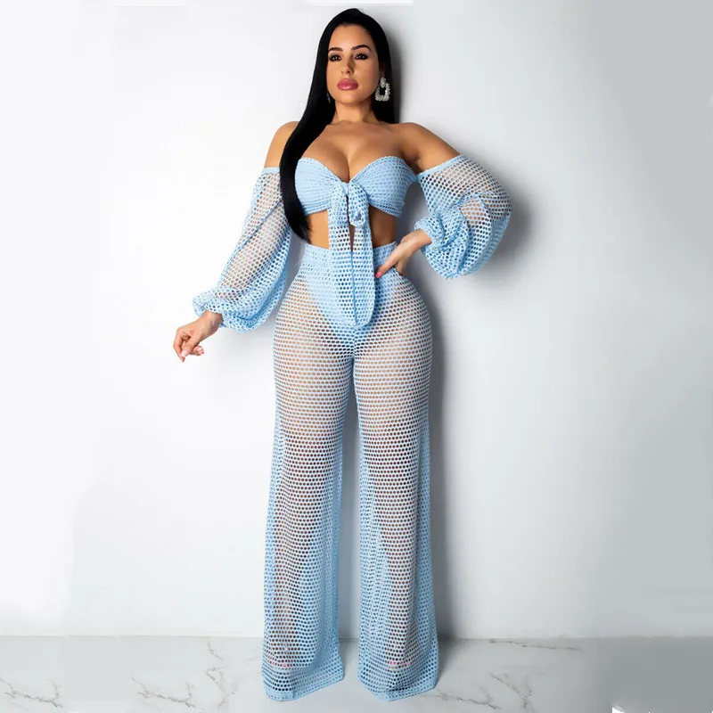 

Women Sexy Crochet Mesh Outfits 2Pcs Set Off-Shoulder Long Sleeves Crop Tops Loose Long Pants Beach Sheer Bikini Cover Up Suit