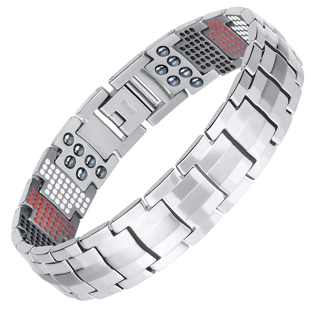 FINE4U B390 Double Row Strength 4 Element Titanium Magnetic Therapy Bracelet For Arthritis Pain Relief