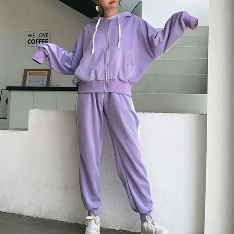 Purple Для женщин спортивные костюмы для тренировок брюки на завязке; Лоскутные Спортивные костюмы на молнии топы пальто оверсайз Фитнес Костюмы - Цвет: Purple