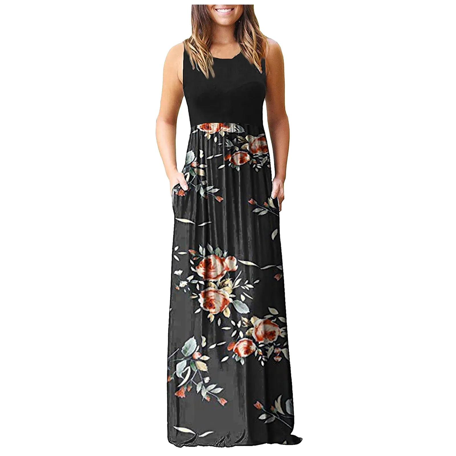 Ruffle Maxi Dress Summer Ladies Spring Lace-up Tassel Beach Long Dress O-neck Vintage Flower Printing Pocket Vestido Femme 2021 2