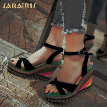 

Sarairis 2020 New Arrivals Big Size 43 Wedge High Heels Summer Sandals Woman Shoes Buckle Strap Platform Party Shoes Lady Pumps