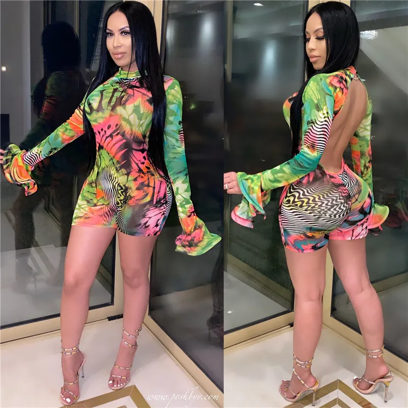 

Backless Jumpsuits Tie Dyeing Print Long Flare Sleeve Bodycon Club Rompers 2020 Sexy Women Turtleneck Fall Playsuits