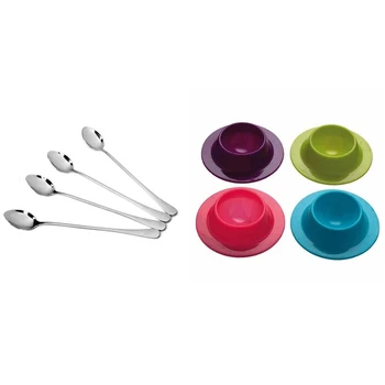 

4 Pcs Silicone Egg Cups Boiled Eggs Holder Set Storage Rack 4 Colors & 4x Super Long Stainless Steel Coffee Spoons
