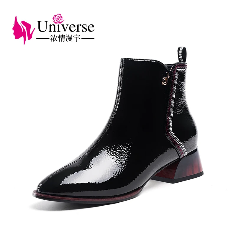 Universe J226 Cool Square heel Toe Pointed Patent Leather 2020 Ankle boots Women Boots | Обувь