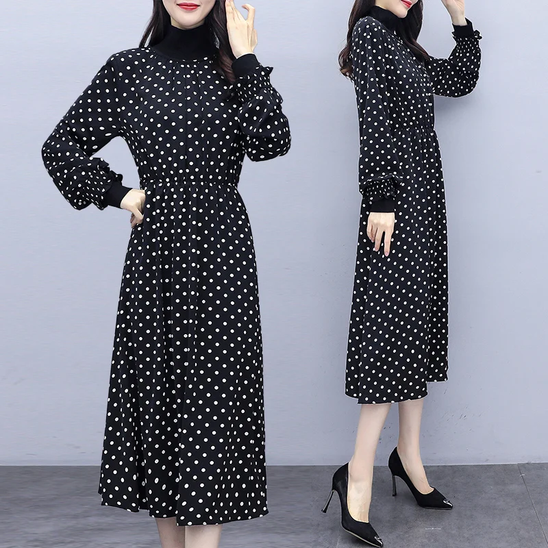 

L-4XL Plus Size Stand Collar White Dot Cotton Knee Length Dress Spring 2020 Fashion Elegant Flare Sleeve Empire Dresses Vestidos