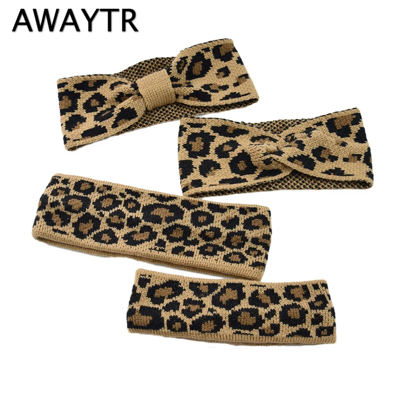 

AWAYTR Leopard Knit Woolen Knot Headband For Women Hairband Retro Elastic Parent-child Headband Warm Knotted Wide Headwear