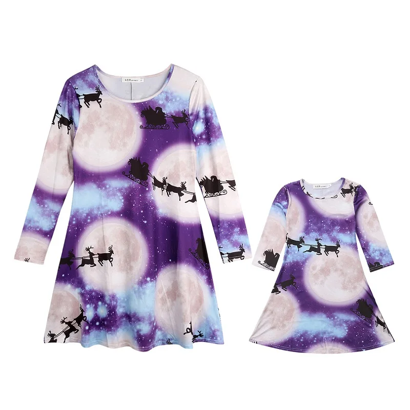 

Mother Daughter Dresses Christmas Deer Running Moon Pattern Family Clothing Mommy and Me Girls Long Sleeve Dress Casual Clothes