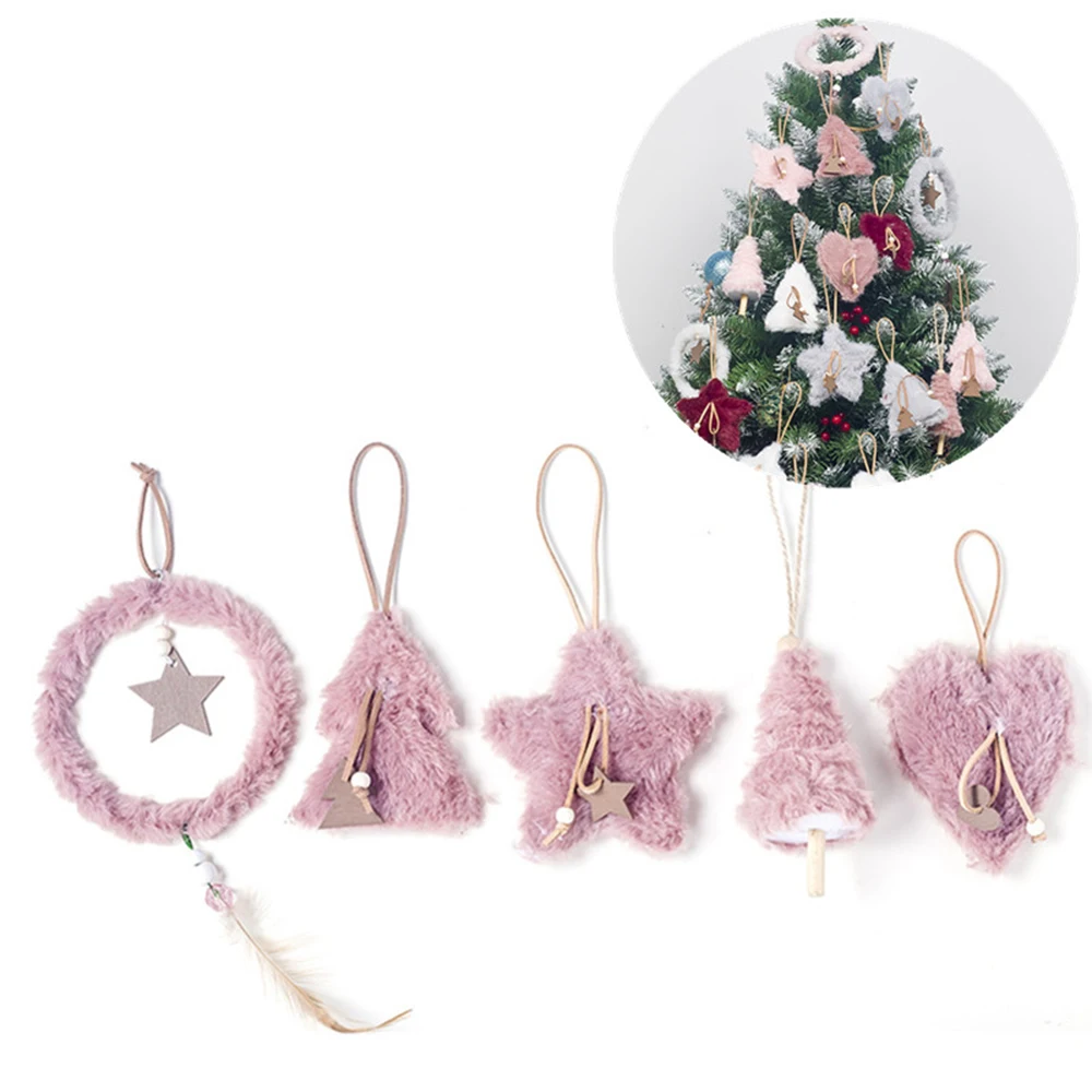 5pcs/set Creative Plush Christmas Tree Hanging Pendant Pink White Heart Star Feather Ornament Christmas Decoration for Home Xmas