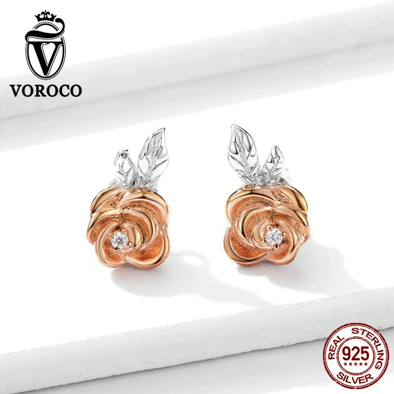 VOROCO BNE327 Подвесные серьги Элегантные 3D розы 925 Висячие серьги из серебра 925 пробы свадебные ювелирные украшения Весенняя серия
