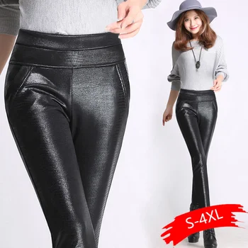 

2020 Winter Warm Fleece Women Leather Pencil Pants PU Botton Breeches High Waist Stretch Plus Size Female Trouser For Women 4XL