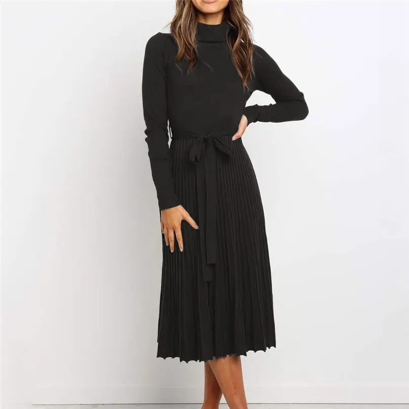 Fashion Women Turtleneck Winter Dresses 2019 Slim Casual Long Sleeves Dress Solid Color Swing Party Dress Vestidos платье 3Y26 (2)