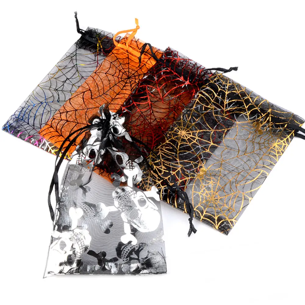 

10x15cm Halloween Organza Gift Bag Drawstring Spider Web Multi Color Printing Packaging Gift High Quality Candy Bag For Kids