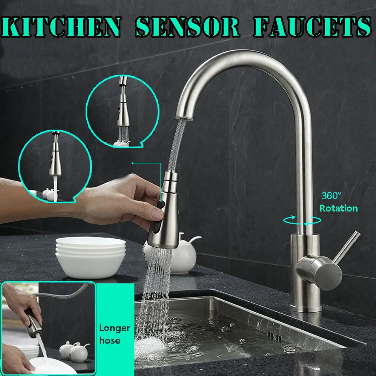 

Stainless Steel Sensor Kitchen Faucets Smart Touch Inductive Sensitive Faucet Mixer Tap Single Handle Dual Outlet Water Modes