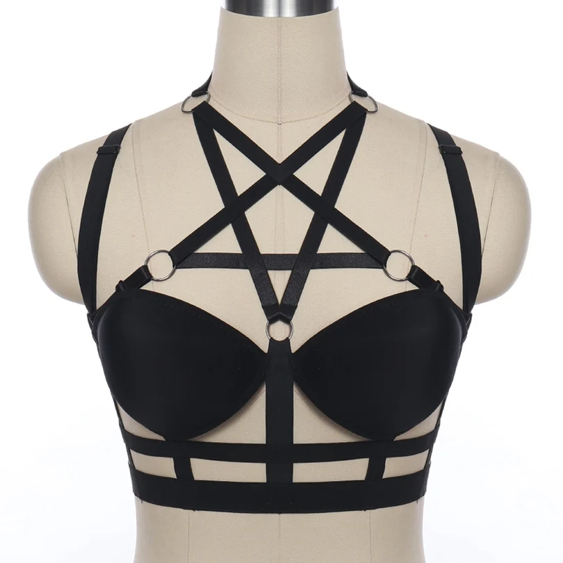 O0208-black Bra Harness Set Pentagram Tops Caged Garter Belt Waist Suspender Party Dance Punk Strappy Lingerie Hollow Out Plus Size Elastic - Цвет: O0208-black