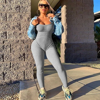 

2020 Women Casual Sportwear Knit Rib Bodycon Jumpsuit Sexy Women Sleeveless Backless Fitness Long Pant Rompers Black/Grey