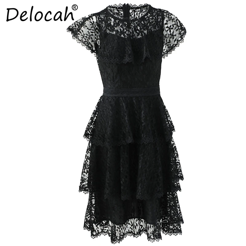 Delocah Runway Fashion Summer Lace Cupcake Dresses Women's Short Sleeve Hollow Out Collect Waist Casual Celebrity Party Dress