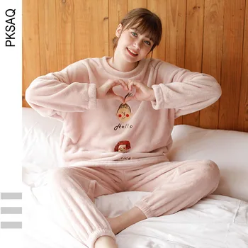 

New Winter Women Pajamas Cute Flannel Pink Pajamas Set Embroidery Warm Sleepwear Long Sleeve Round-neck Home Service Pyjama Suit