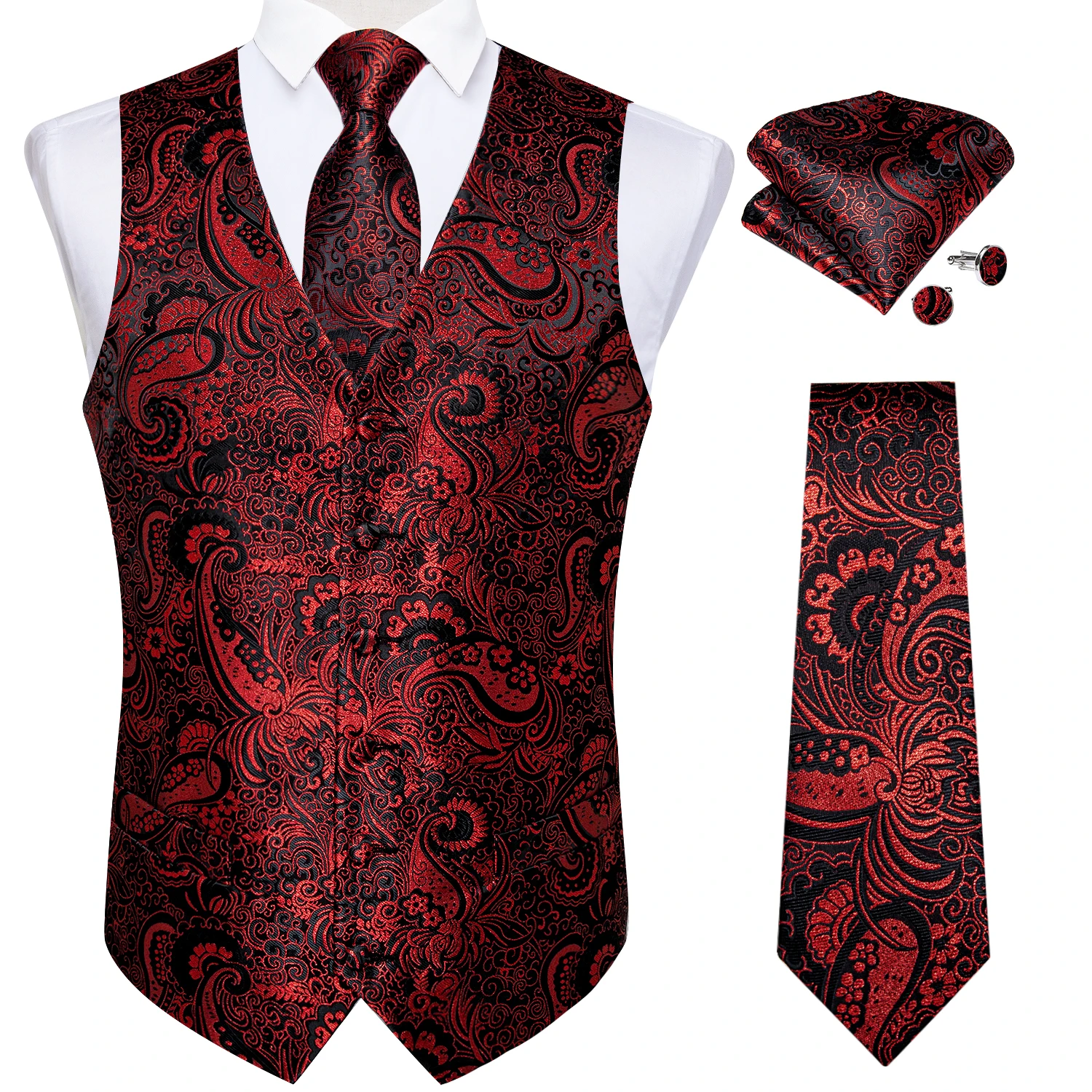 casual blazer Classic Men's Red Wedding Vests Silk Vintage Paisley Formal Dress V Neck Waistcoat Tie Ring Pocket Square Cufflinks 5pc Set blazer for men wedding