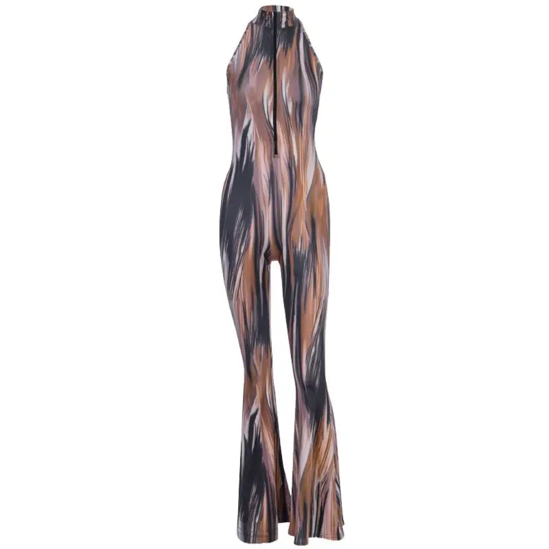

2020 Women New Tie Dye Zipper Up Flared Pants Sleeveless Bodycon Club Jumpsuits High Quality
