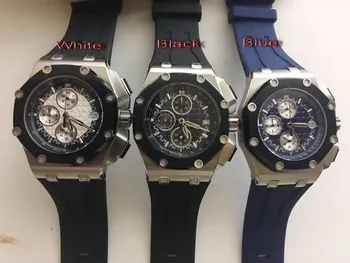

Classic Men Stopwatch Sapphire Glass Oaks Silver Black Bezel Blue Rubber Chronograph Stainless Steel Watch Royal 48mm AAA+