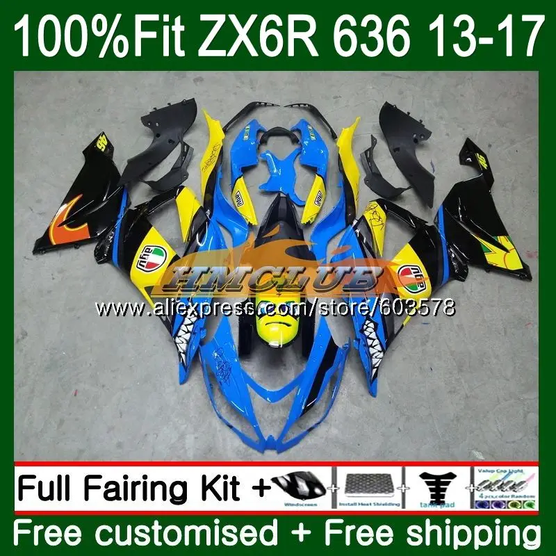 Инъекции для KAWASAKI NINJA ZX-636 ZX 6R 2013 30CL. 0 ZX-6R ZX 636 600CC ZX6R 13, 14, 15, 16 лет обтекатель с акулой в синем