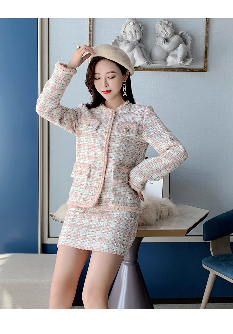 New Autumn Winter Women Sexy Tweed Suits Fashion Plaid Jacket Coat+ 2 Piece Sets Female Woolen Elegant Skirts Sets Women's Set