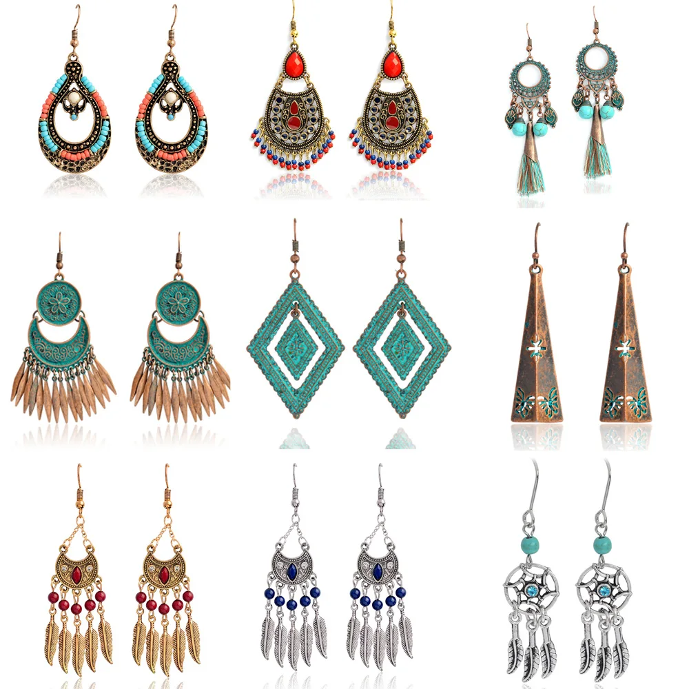 

2019 Vintage Bohemian Copper Tassel Earrings Droplets Round Circle Feather Drop Pendientes Women's Earrings Charm Ethnic Jewelry