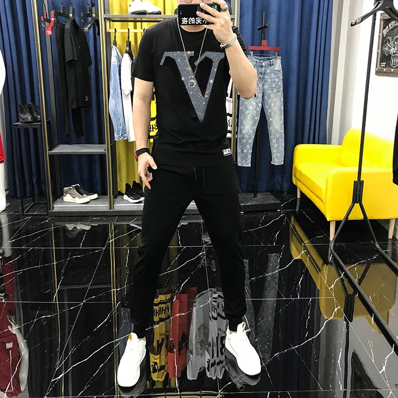 Male Hot Diamond Shiny Letters Casual Spring Men's Sets Outdoor Breathable Street T-Shirt Oversized Sweatshirt + Pants