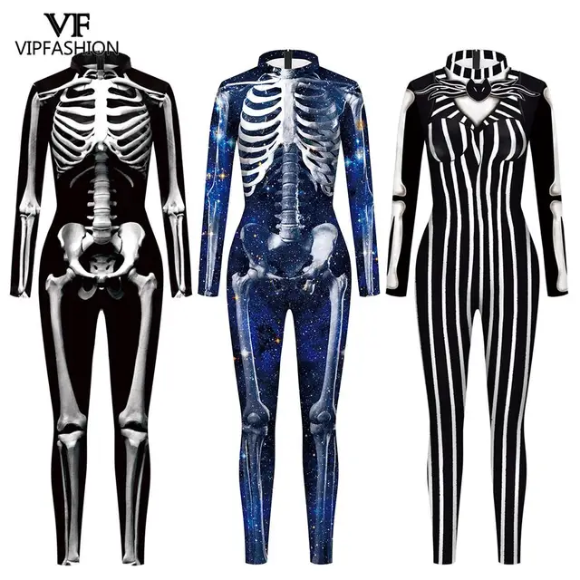 VIP FASHION Adult Skeleton Print Halloween Cosplay For Women Ghost Jumpsuit Party Carnival Performance Scary Costume Bodysuit 1