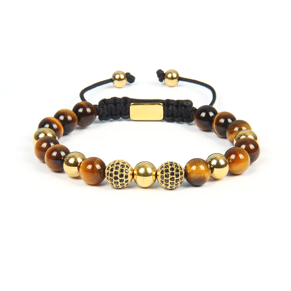 Yellow tiger eye Ailatu, модный черный Cz плетеный браслет, мужской подарок, натуральный голубой камень тигровый глаз, ювелирное изделие из нержавеющей стали, бисер с логотипом, высокое качество - Окраска металла: Yellow tiger eye