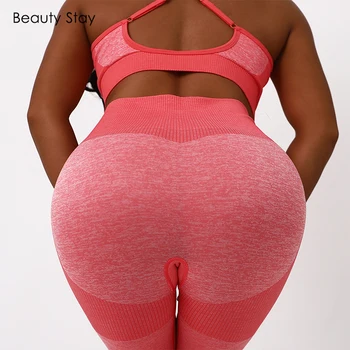 

Beauty Stay Women Seamless Leggings Push Up Pants High Waist Workout Solid Sportswear Fitness Splicing Printing and Dyeing Pants