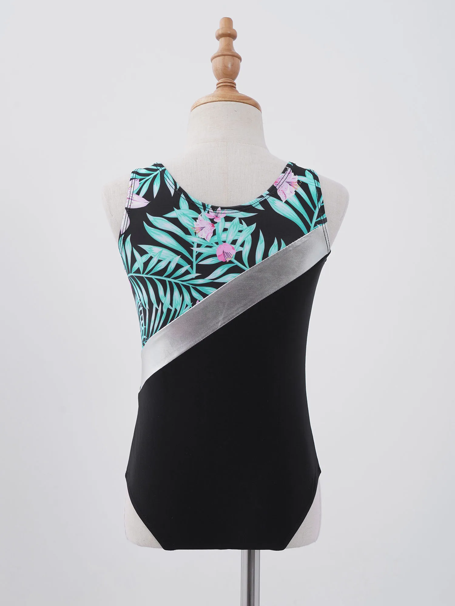 TiaoBug Kids Girls One-Piece Swimming Round Neck Sleeveless Patchwork Design Print Jumpsuit Bodysuit Dance Gymnastics Leotard