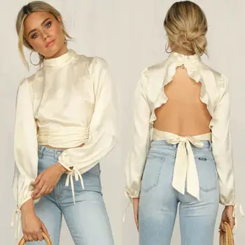 

Women Satin Silk Like Smooth Shirt Lantern Sleeve Turtleneck Casual Solid Hollowed Backless Bow Ladies Tops Lace Up Blouse Beige