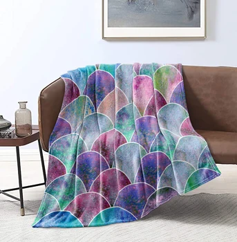 

Colourful Fish Scales Flannel Blanket Watercolour geometrical Abstract Fur Blanket Purple Blue Green Bed Blanket