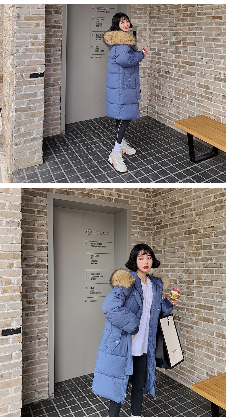 Fur Hooded Thicken Long Down Cotton Coats Women Casual Long Sleeve Warm Cotton Coats Female Slim Jackets New Large Size 2XL