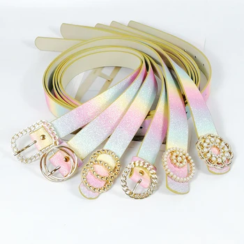 

Colorful shiny belts for women rainbow color rhinestone belt gothic ceinture femme pearl cinturon fashion pink strap luxury 2020